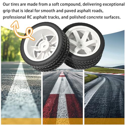 OD 2.55" On Road Rubber Tires Plastic Wheel Rims 12mm Hex for 1/10 RC Car | Compatible with MJX HSP Tamiya HPI Kyosho Traxxas Sakura Redcat WLtoys 1/10 RC On-Road Racing Touring Car (4pcs, White) - style: G-White