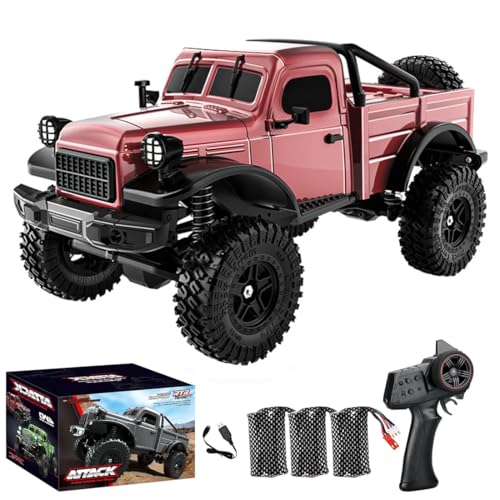 1/18 Scale RC Pickup Truck for Adult, 2.4GHz 4WD Off-Road Remote Control Drift Car, RC Rock Crawler with LED Lights, 12km/h High Speed & Waterproof ESC - color: Red, size: 3 Battery