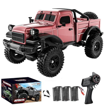 1/18 Scale RC Pickup Truck for Adult, 2.4GHz 4WD Off-Road Remote Control Drift Car, RC Rock Crawler with LED Lights, 12km/h High Speed & Waterproof ESC - color: Red, size: 3 Battery