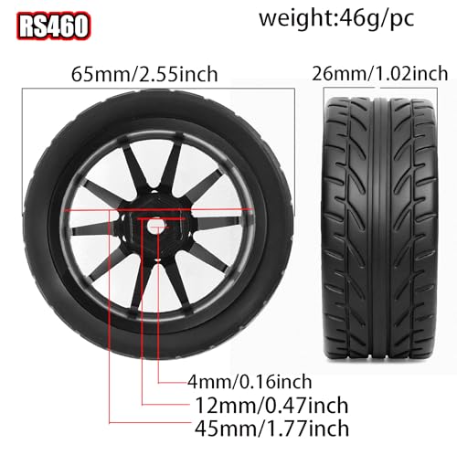 REDSPIDER 4PCS 1/10 RC Rally Tires and Aluminum Alloy Wheels, 12mm Hex Hubs 65mm OD On-Road RC Car Rims for Tamiya TT01 TT02 XV01, Traxxas, HPI, Kyosho, HSP PTG2 (Black) - color: Black