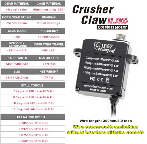 Crusher Claw 11.5KG Servo with Brass Servo Mount Bracket, Steering Links and Servo Horn for CR18P