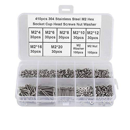 410Pcs Tiny Hex Socket Head Cap Screws Bolts, 304 Stainless Steel M2 x 4/6/8/10/12/16/20mm, Micro Allen Head Machine Screws, Nuts and Washers Kit with Hex Wrench, Fully Threaded Pitch: 0.4mm - color: Silver-410Pcs M2 Socket Cap Head Screw-304