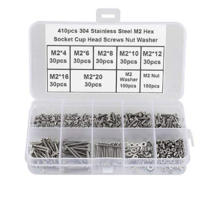410Pcs Tiny Hex Socket Head Cap Screws Bolts, 304 Stainless Steel M2 x 4/6/8/10/12/16/20mm, Micro Allen Head Machine Screws, Nuts and Washers Kit with Hex Wrench, Fully Threaded Pitch: 0.4mm - color: Silver-410Pcs M2 Socket Cap Head Screw-304