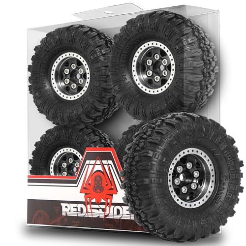 REDSPIDER 1.0 Beadlock Wheels and Crawler Tires 4pcs Aluminum Rim for RC Crawler Axial SCX24 Gladiator Bronco C10 Deadbolt FCX24 (Black) - color: Black