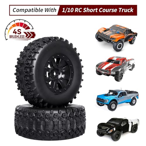 Pre-Glued 1/10 RC Short Course Truck Wheels and Tires Combo 12mm Hex - Compatible with Traxxas Slash 4X4 BL-2S, Losi Tenacity, Redcat Blackout(Set of 4)
