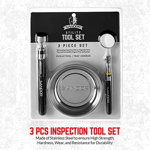 3 Pcs Inspection Tool Set - Magnetic Parts Tray, Telescoping Inspection Mirror, and Extendable Magnet Pick-Up Tool for Screw, Bolts, Nuts, Washers, Pins and Small Metal Parts, Magnetic Tool Tray