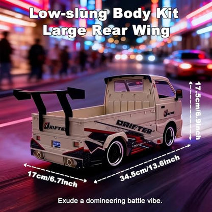 GoolRC WPL D-14S RC Kei Truck, 1:10 Scale Brushless RC Drift Car, 25KM/H High Speed Remote Control Car, 2.4GHz 4WD Proportional Throttle Steering Off Road Truck with LED Lights, 2 Batteries for Adults
