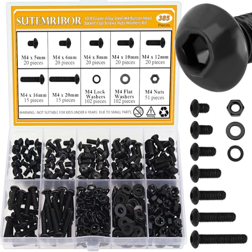 385 Pieces M4 Screws Nuts Washers Set Black, Sutemribor M4 x 5/6/8/10/12/16/20mm Button Head Socket Cap Screws Nuts Washers Assortment Kit, 10.9 Grade Alloy Steel, Fully Threaded - size: M4, style: Button Head Socket Cap