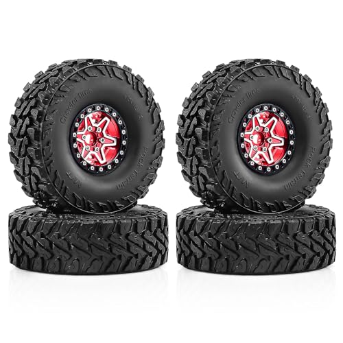 1.9" Beadlock Wheels and Tires 121mm (4.75in) for TRX4 SCX10 1/10 RC Crawler Upgrade Parts (Red-3, 4Pcs) - color: Red+P tires