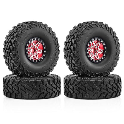 1.9" Beadlock Wheels and Tires 121mm (4.75in) for TRX4 SCX10 1/10 RC Crawler Upgrade Parts (Red-3, 4Pcs) - color: Red+P tires