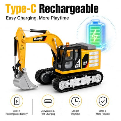 Mini RC Excavator, 1/64 Remote Control Excavator with Lights & Sounds, App & 2.4GHz RC Alloy Rechargeable Construction Vehicle Toy with Lights & Sounds, Gift for Boys Girls Adults - style: RC Excavator