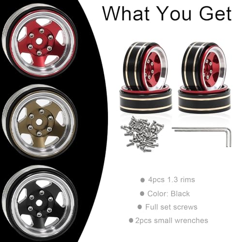 1.3 Beadlock Wheel - Aluminum & Brass Wheel Rims for TRX4M SCX24 1/18 1/24 | Brass Negative Offset 1.3” Wheel Hub Width 15mm OD 37mm with 7mm Hex Fit FMS Ascent-18 RC Car Off Road Tire, 4pcs (Red) - color: Red