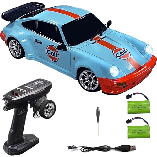 FLYCOLOR LD1898 1/18 RC Drift Car GTR R34 2.4GHz RWD with Gyroscope on-Road Alloy Body Shell Racing Cars Radio Control (Blue-Orange) - color: Blue-orange