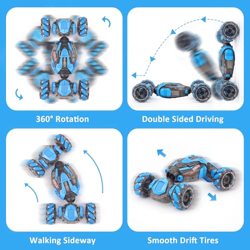 Gesture Sensing RC Stunt Car for Boys, Remote Control Toys for Kids Age 5-7, 6-8, 9 10 11 12+ Years Old Birthday Gifts, 2.4GHz Hand Controlled RC Drift Car with Light & Music, Double-Sided Driving - color: Deep Gray Blue
