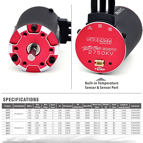 Surpass Hobby Supersonic 3670 2750KV Sensored Brushless Motor 4 Pole Temperature Resistant Brushless Sensor Motor for 1/10 RC Racing Car - size: 2750KV, style: 3670 Motor