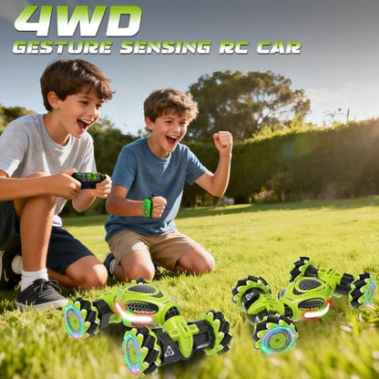Hand Controlled RC Car, 2.4Ghz 4WD Gesture Sensing RC Stunt Car | Toys Gift for Boys and Girls Ages 6-12, 360° Rotating Drift Cars with Lights and Music, Ideal Birthday and Xmas Gift, Green - color: Green