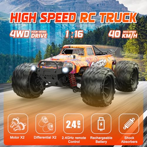 1/16 Scale Fast RC Cars, 40KM/H 4WD Off-Road High Speed Remote Control Trucks for Adults and Kids Boys, All Terrain Truck Toys Gifts - style: 9500E-RED
