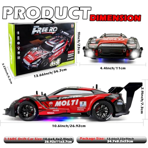 HTURCCOP 1:16 RC Drift Car 2.4GHz Spray 4WD LED Lights 30+KM/H High Speed Remote Control Car 2 Batteries 60Min Infinitely Variable Speed Drift Car Toys for Adults and Kids(Red) - color: Red 1:16