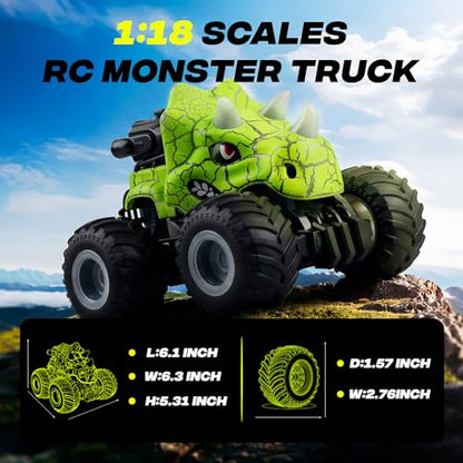 BEZGAR Monster Truck Toys, RC Cars with Mist Spray & Light, Two Batteries | Green Dinosaur Toys, 360° Stunt Spins RC Truck with Music, 4WD Remote Control Car for Boys 4-7, 40+ Mins Battery Life - color: Green