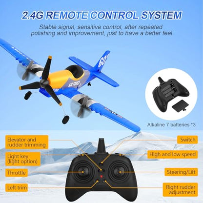 P-51D 3-Channel RC Plane with 2 Batteries, Blue | 2.4GHz gyro-stabilized fighter airplane designed for hand launch or ground takeoff by beginners, kids and adults.