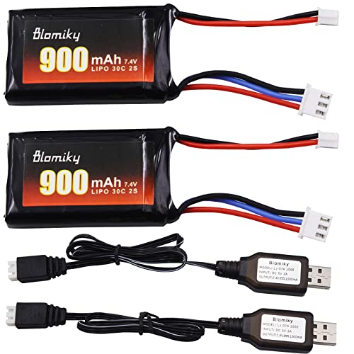 Blomiky 2 Pack 7.4V 850mAh Lipo Rechargeable Battery with PH2.0 Plug and USB Cable Suitable for 1/24 SCX24 RC Truck / SCX24 and USB 2
