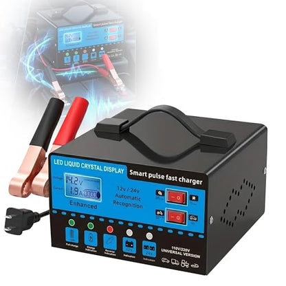 12V/24V Smart Car Battery Charger with LCD Display, Automatic Battery Maintainer & Trickle Charger, Temperature Compensation, Overcharge Protection for Cars, Trucks, SUVs & Motorcycles