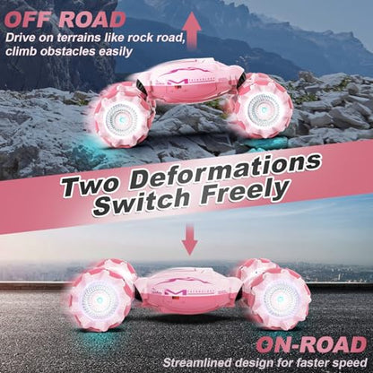 Fosgoit Pink RC Car Toys for Girls Aged 6-12, Gesture Sensing RC Stunt Cars with Lights Music for Girl Birthday Xmas Gifts, 2.4GHz 4WD Pink Remote Control Toy Double-Side Flip 360° All-Round Rotation - color: Pink
