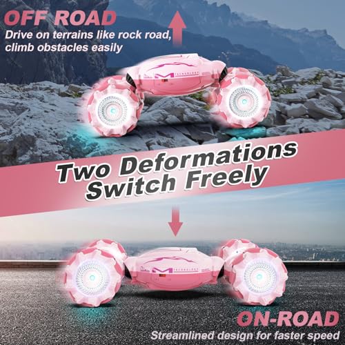 Fosgoit Pink RC Car Toys for Girls Aged 6-12, Gesture Sensing RC Stunt Cars with Lights Music for Girl Birthday Xmas Gifts, 2.4GHz 4WD Pink Remote Control Toy Double-Side Flip 360° All-Round Rotation - color: Pink