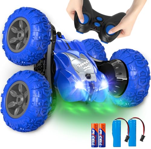 AFUNX Remote Control Car, RC Stunt Cars Double Sided 360° Rolling Rotating Rotation, Rechargeable Car Toy for 6 7 8-12 Year Old Boy Kids Birthday Xmas Gift, Blue - color: Blue