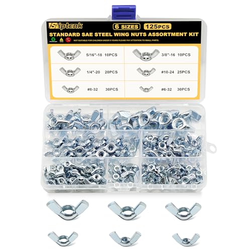 Siptenk SAE Wing Nuts 125PCS, #6-32#8-32#10-24 1/4"-20 3/8"-16 5/16"-18 Wingnuts 6 Assorted Sizes Carbon Steel Zinc Plated Butterfly Wing Nut Fasteners Hardware Assortment Kit - color: 125PCS SAE