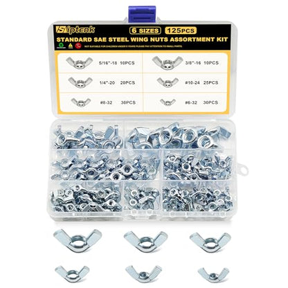 Siptenk 125PCS M3 M4 M5 M6 M8 M10 M12 Metric Wing Nuts Assortment Kit | 7 Assorted Sizes Carbon Steel Zinc Plated Butterfly Wingnuts | inclding mini wing nuts