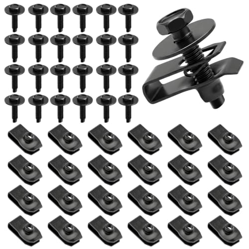 50Pcs M6-1.0 Automotive Body Bolts & U-Nut Clips Kit | Universal Carbon Steel Nuts with 10mm Hex Head Screws, Fender Liner Screw for Engine Splash Shield Underbody Cover - color: Black-M6