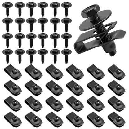 50Pcs M6-1.0 Automotive Body Bolts & U-Nut Clips Kit | Universal Carbon Steel Nuts with 10mm Hex Head Screws, Fender Liner Screw for Engine Splash Shield Underbody Cover - color: Black-M6