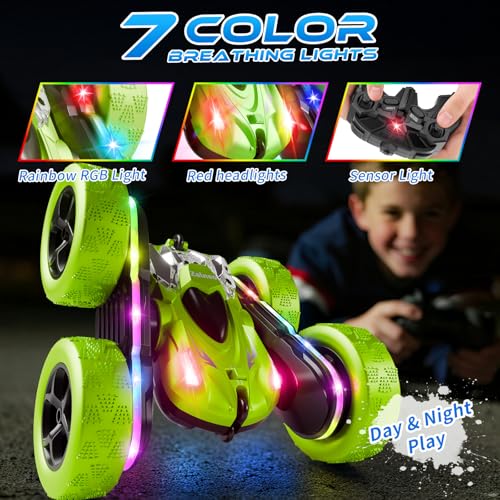 Remote Control Car – 4WD 360° Flip Double‑Sided RC Stunt Car LED Light Bar & USB‑C Modular Battery, Off‑Road Toys for Boys Ages 6‑12, Birthday Gift, Black‑Green - color: Black&green