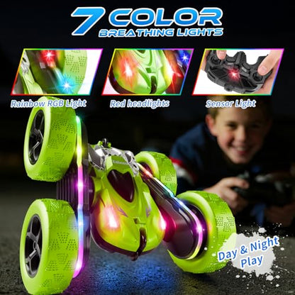 Remote Control Car – 4WD 360° Flip Double‑Sided RC Stunt Car LED Light Bar & USB‑C Modular Battery, Off‑Road Toys for Boys Ages 6‑12, Birthday Gift, Black‑Green - color: Black&green