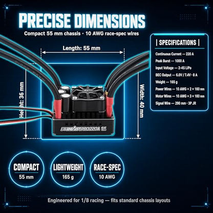 ZTW Beast PRO G2 220A ESC for 1/8 RC Car 1000A Peak 32-Bit Brushless Speed Controller Sensored Sensorless 2-4S 6V/7.4V 8A BEC for Buggy Truggy Off-Road On-Road Racing
