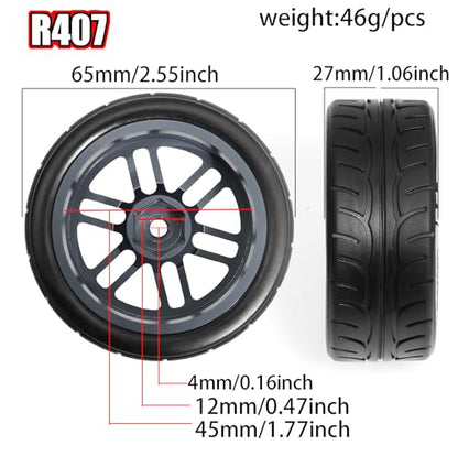 1/10 On Road Tires and Aluminum Wheels 12mm Hex RC Rally Racing Tyres OD 2.56" for Tamiya TT01 TT02 XV01 TA06 A959 PTG2 HPI KYOSHO PTG2 Traxxas 1:10 Street Touring Drift Car (Titanium) - color: Titanium