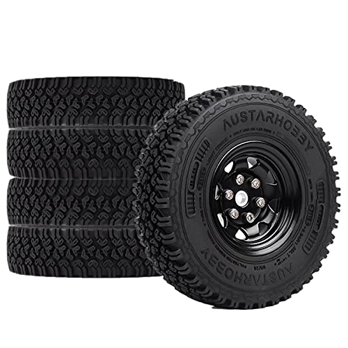 4PCS/Set 1.55 Inch Beadlock Metal Wheel Rim Rubber Tires Compatible with 1/10 RC Crawler Car Axial AX90069 D90 TF2 Tamiya CC01 LC70 (Black) - color: Black