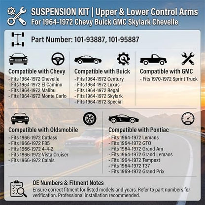‎Psrorkeu 4-Pc Front Upper & Lower Control Arm Ball Joint Kit Compatible with 1964-1972 GM A Body, Chevy Chevelle, Pontiac GTO, Olds Cutlass, Buick Skylark, Replaces 101-93887 101-95887 - size: 101-93887,101-95887