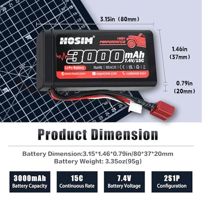 Hosim 2PCS 7.4V 15C 3000mAh Lipo Battery RC Lipo Batteries with 2 USB Chargers & 1 Battery Strap for Brushless RC Car Remote Control Car Truck RC Boat Battery
