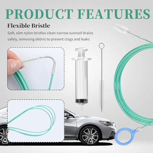 118" Auto Sunroof Drain Cleaning Tool Kit,Flexible Sun Roof Drain Cleaning Tool Kit Includes Brush,Syringe,Hose,Multi-Function Car Sunroof Drains Cleaner Tools Automotive Tools