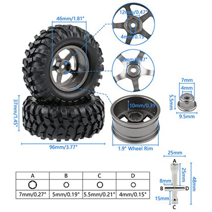 4PCS 1.9 Tires and Wheels Set, 12mm Hex for 1/10 RC Crawler | 96mm OD, Aluminum Rims, Lock Nuts & Wrench - color: Titanium