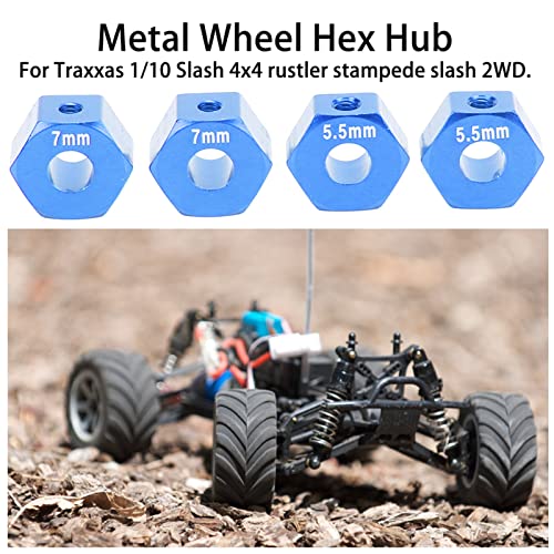 4Pcs Aluminium Alloy 12mm Diameter, RC Wheel Hub, 12mm RC Wheel Hex Hub Extension, 5 5mm 7mm Hex Drive Adapter Thickness Accessory Set Kit for traxx as 1/10 Slash (Blue)