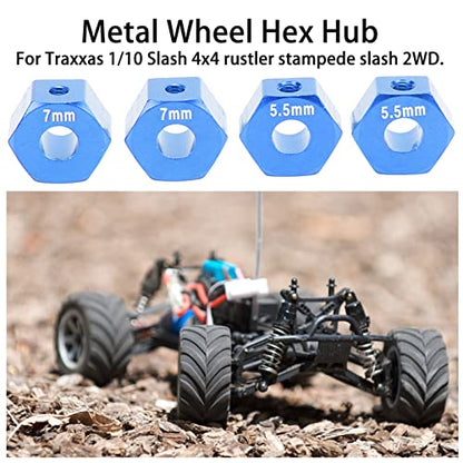 4Pcs Aluminium Alloy 12mm Diameter, RC Wheel Hub, 12mm RC Wheel Hex Hub Extension, 5 5mm 7mm Hex Drive Adapter Thickness Accessory Set Kit for traxx as 1/10 Slash (Blue)