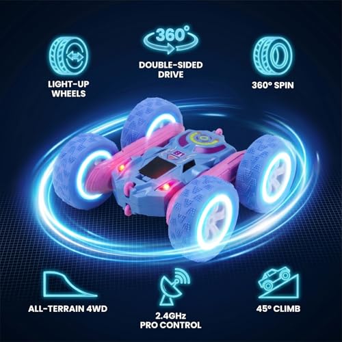 2.4GHz RC Stunt Car with LED Wheels 4WD Double Sided | Glowing LED Tires, 360° Spin & Rollover, 60 Min Total Play with 2 Batteries, USB-C Fast Charging, Gift for Holidays - color: Blue - Led Wheels