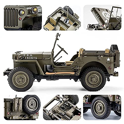 FMS Rochobby RC Car 112 1941 MB Scaler Willys Jeep Remote Control Crawler Military Truck 4x4 Offroad Vehicle with Transmitter Battery and Charger, Small, RC12001RTR Hunter Green