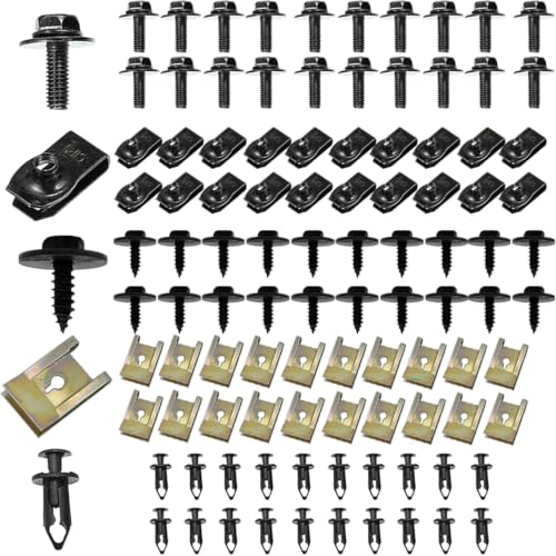 100 PCS Car Body Screws and Bolts Set, Bumper Repair Kit with Fender Screws, Splash Shield Retainer U-Nuts Kit, Universal Engine Chassis Body Clamp for Most Cars SUVs Trucks