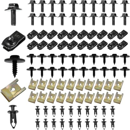 100 PCS Car Body Screws and Bolts Set, Bumper Repair Kit with Fender Screws, Splash Shield Retainer U-Nuts Kit, Universal Engine Chassis Body Clamp for Most Cars SUVs Trucks