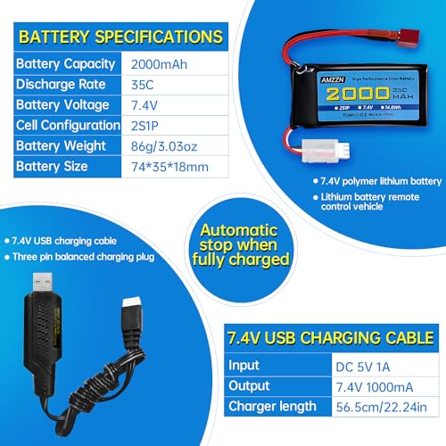 7.4V 2000mAh 35C 2S Lipo Battery with T-Plug and USB Charging Cable for 300E 9200E 9201E 9206E M416 H16PL 903A HP162S HM124 RC Car, RC Ship Drone Battery