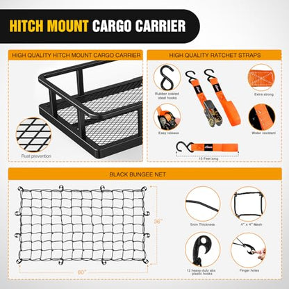 Nilight 60" x 24"x 7.87" Folding Carrier Fits 2-Inch Receiver 500 Lbs Capacity Soft Waterproof Bag Net Ratchet Straps for SUV Pickup RV‘s Vans Cars - style: 24"x 60"x 7.87",w/Bag,Net,Straps